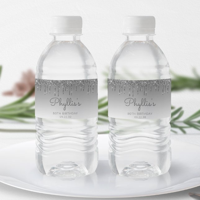 Chic Silver Glitter Drip 80th Birthday Party Water Bottle Label (Creator Uploaded)