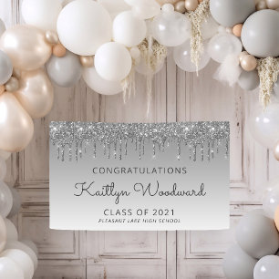 Chic Silver Glitter Drip Graduation Banner