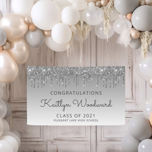 Chic Silver Glitter Drip Graduation Banner (Creator Uploaded)