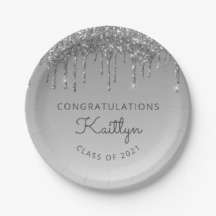 Chic Silver Glitter Drip Graduation Party Paper Plate