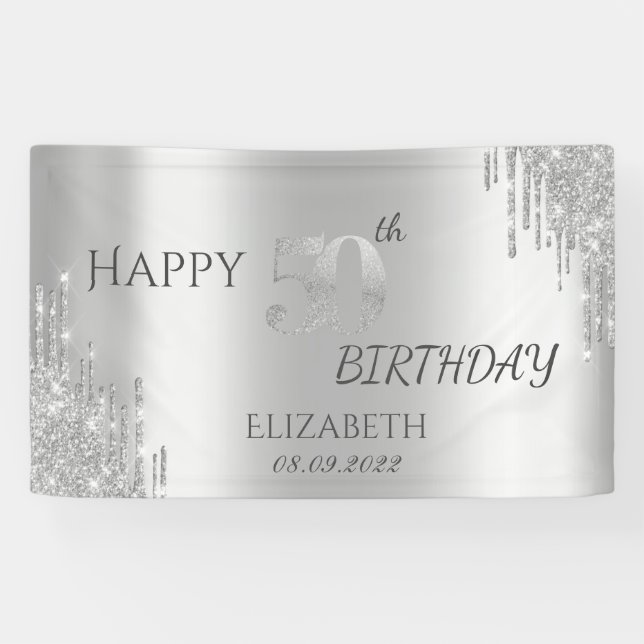Chic Silver Glitter Drips 50th Birthday  Banner (Horizontal)