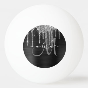 Chic Silver Glitter Drips Brushed Metallic Name Ping Pong Ball