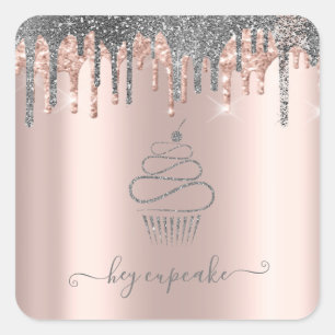 Chic Silver Glitter Drips Cupcake Rose Gold  Square Sticker