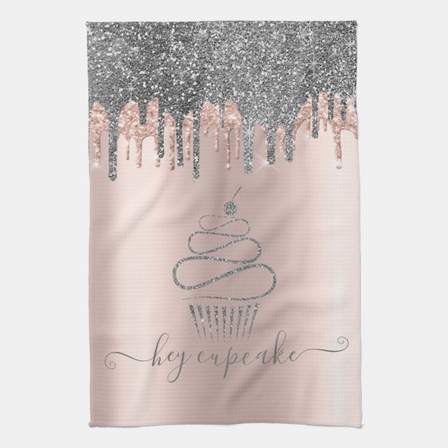 Chic Silver Glitter Drips Cupcake Rose Gold Tea Towel (Vertical)