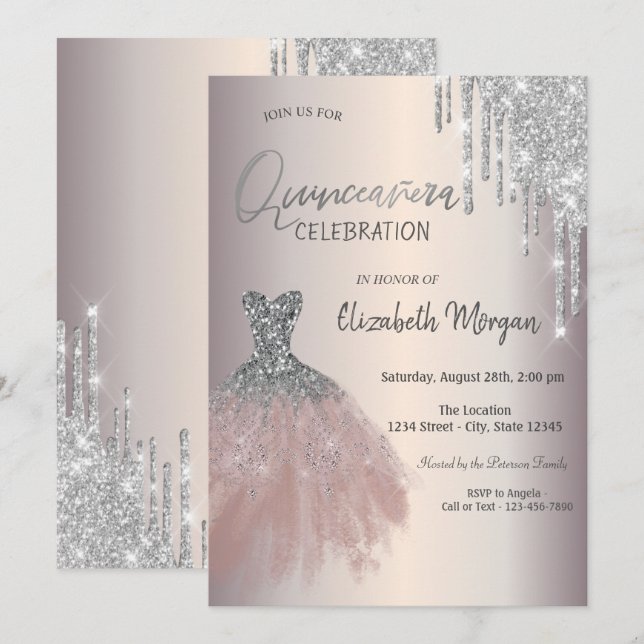 Chic Silver Glitter Drips Dress Quinceañera Invitation (Front/Back)