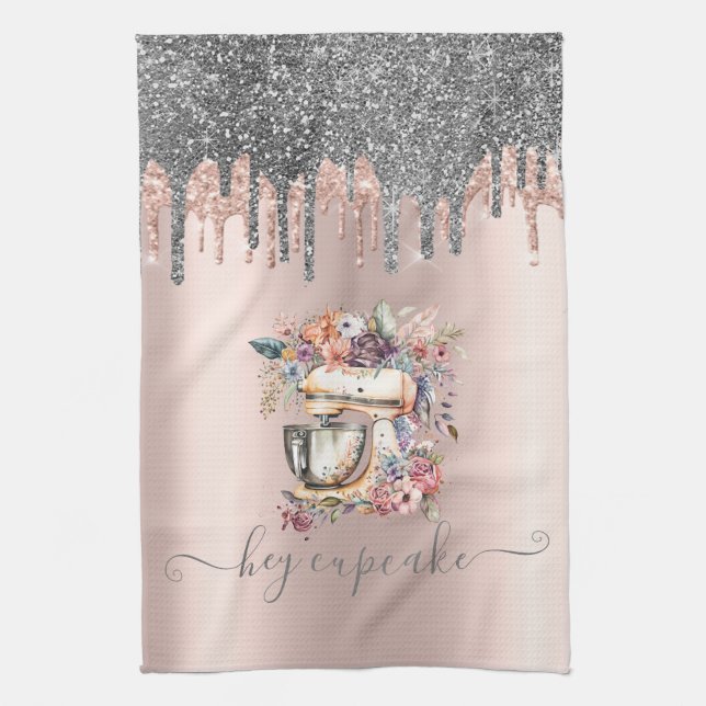 Chic Silver Glitter Drips Floral Mixer Rose Gold  Tea Towel (Vertical)