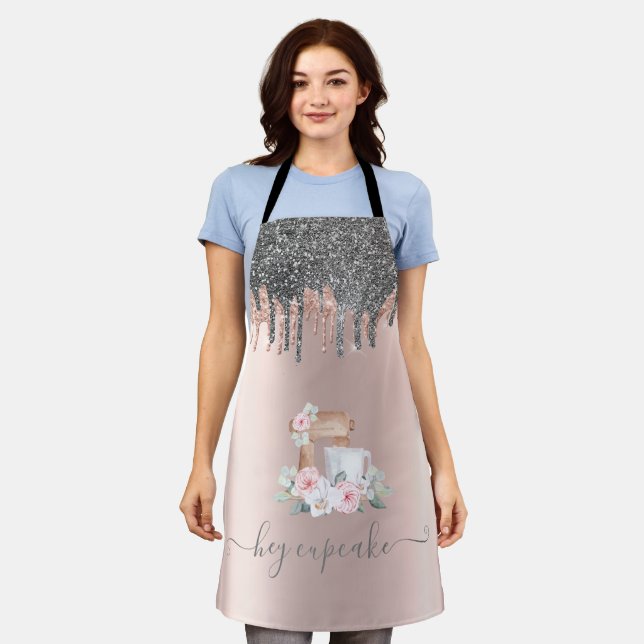 Chic Silver Glitter Drips Mixer Flowers Rose Gold Apron (Worn)