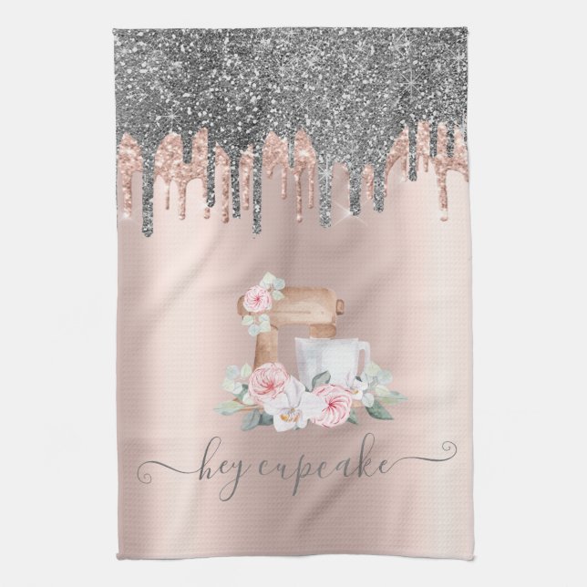 Chic Silver Glitter Drips Mixer Flowers Rose Gold  Tea Towel (Vertical)