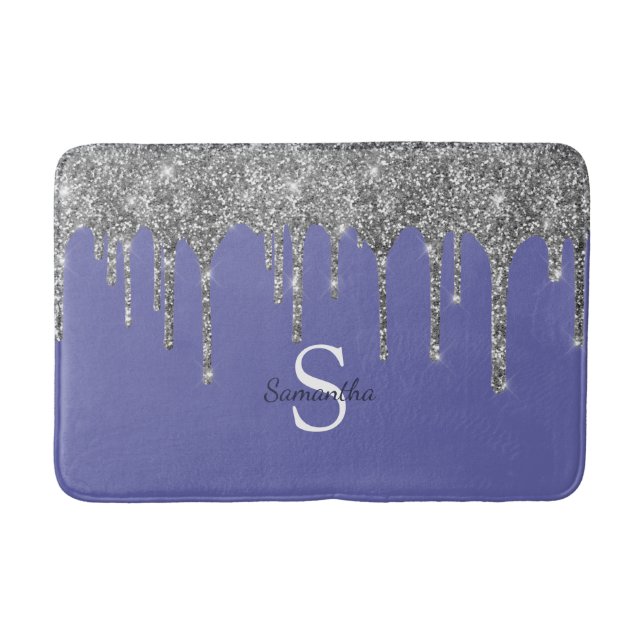 Chic Silver Glitter Drips Monogram Name Periwinkle Bath Mat (Front)