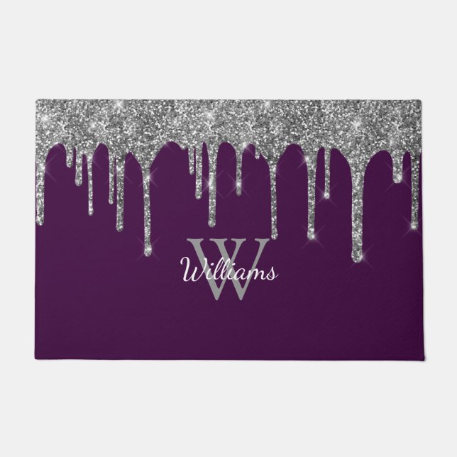 Chic Silver Glitter Drips Monogram Name Purple Doormat (Front)