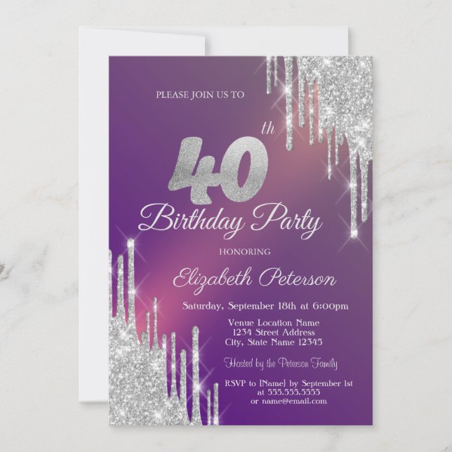 Chic Silver Glitter Drips Purple 40th Birthday   Invitation (Front)