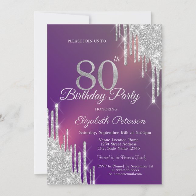 Chic Silver Glitter Drips Purple 80th Birthday   Invitation (Front)