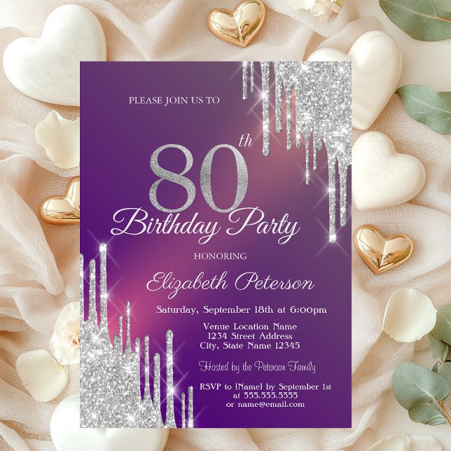 Chic Silver Glitter Drips Purple 80th Birthday   Invitation (Creator Uploaded)