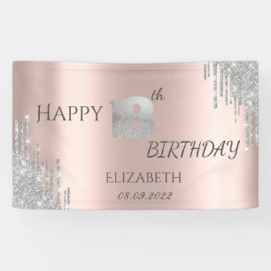 Chic Silver Glitter Drips Rose Gold 18th Birthday Banner