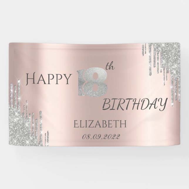 Chic Silver Glitter Drips Rose Gold 18th Birthday  Banner (Horizontal)