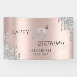 Chic Silver Glitter Drips Rose Gold 50th Birthday Banner