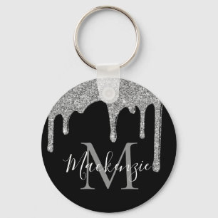 Chic Silver Glitter Drips Sparkle Monogram Key Ring