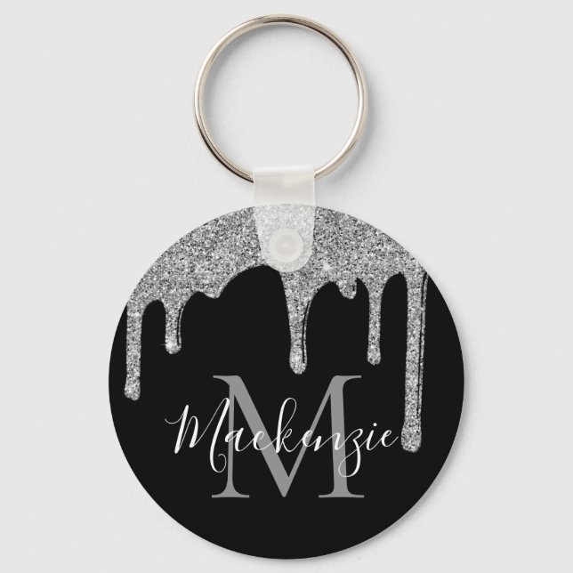 Chic Silver Glitter Drips Sparkle Monogram Key Ring (Front)