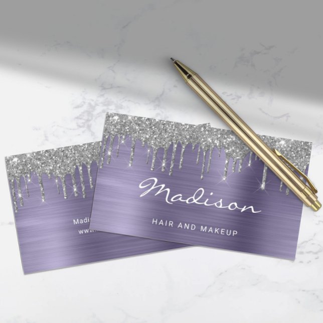 Chic Silver Glitter Drips Stylist Business Card (Chic Silver Glitter Drips Stylist Business Card)
