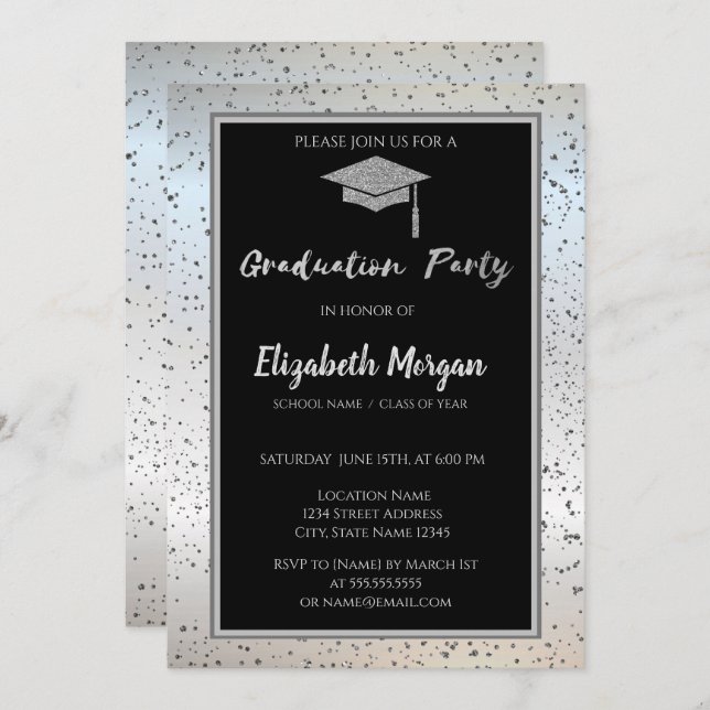 Chic Silver Glitter Graduation Cap,Confetti Invitation (Front/Back)