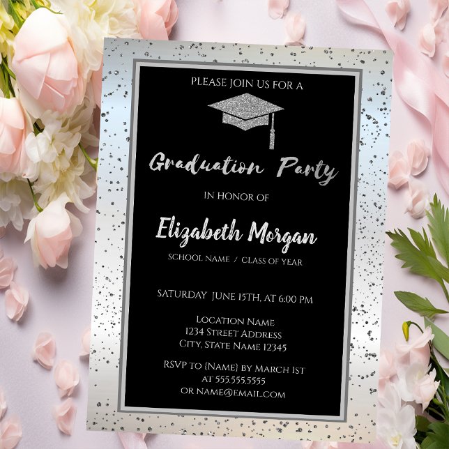 Chic Silver Glitter Graduation Cap,Confetti Invitation (Creator Uploaded)