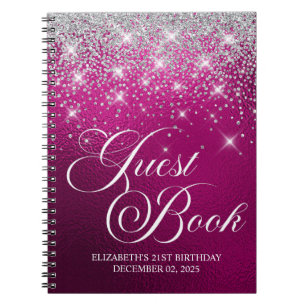 Chic Silver Glitter Hot Pink 21st Bday Guestbook Notebook