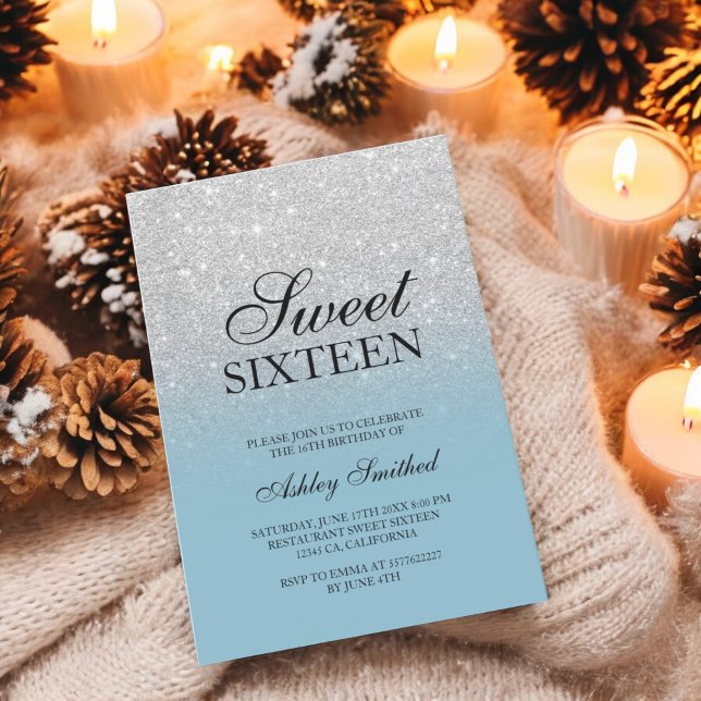 Chic silver glitter ice blue elegant Sweet 16 Invitation (Chic silver glitter ice blue elegant Sweet 16 Invitation)