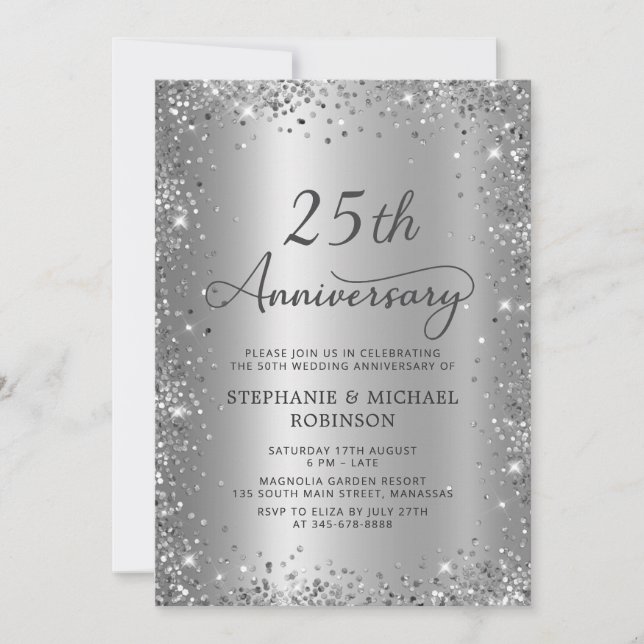 Chic Silver Glitter Metal 25th Wedding Anniversary Invitation (Front)