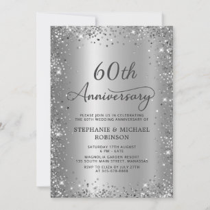 Chic Silver Glitter Metal 60th Wedding Anniversary Invitation