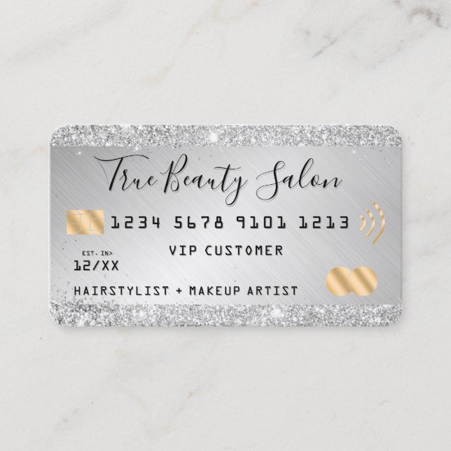 Chic Silver Glitter Metallic Gold Credit Style Business Card (Front)
