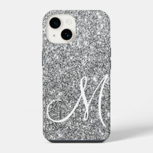 Chic Silver Glitter Metallic Shine Monogrammed iPhone 14 Case