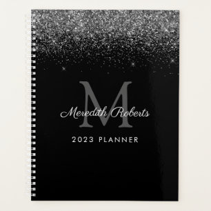 Chic Silver Glitter Monogram Black 2023 Planner