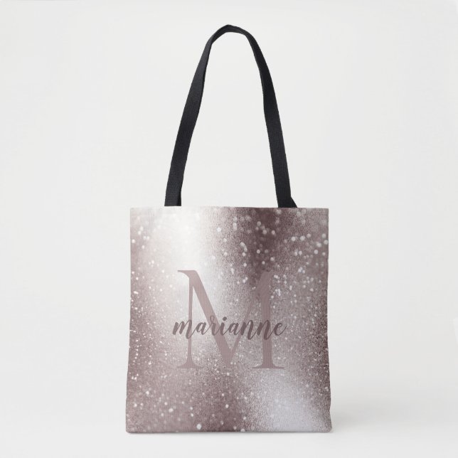 Chic Silver Glitter Monogram Custom Name  Tote Bag (Front)