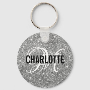 Chic silver glitter monogram name keychain