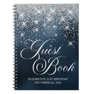 Chic Silver Glitter Navy Blue 21st Bday Guestbook Notebook