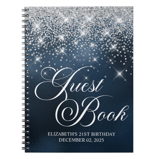 Chic Silver Glitter Navy Blue 21st Bday Guestbook Notebook (Front)
