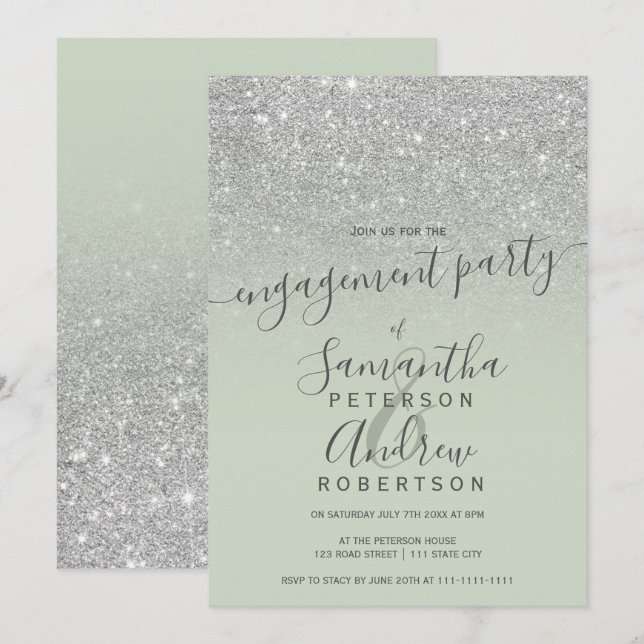 Chic silver glitter ombre green engagement party invitation (Front/Back)