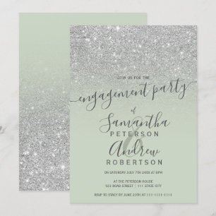 Chic silver glitter ombre green engagement party invitation