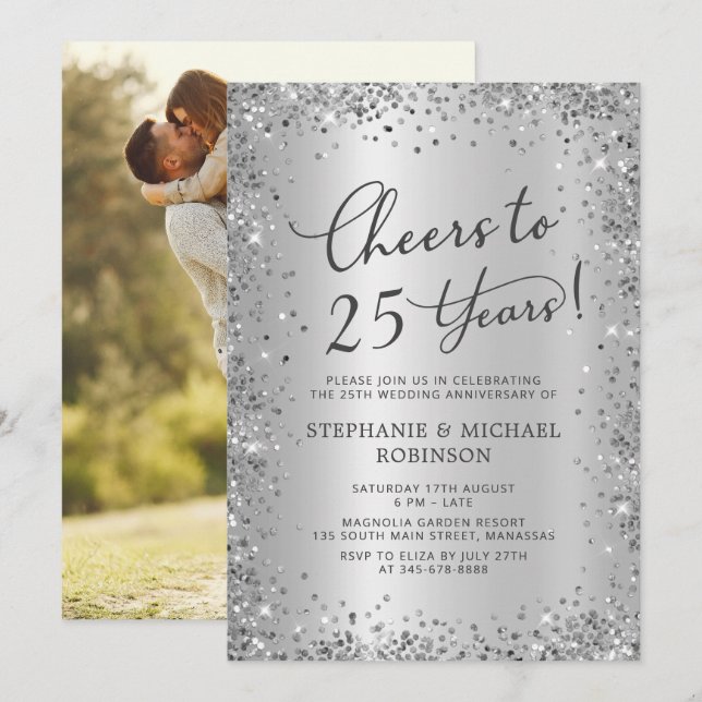 Chic Silver Glitter Photo 25th Wedding Anniversary Invitation (Front/Back)