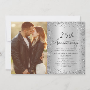 Chic Silver Glitter Photo 25th Wedding Anniversary Invitation