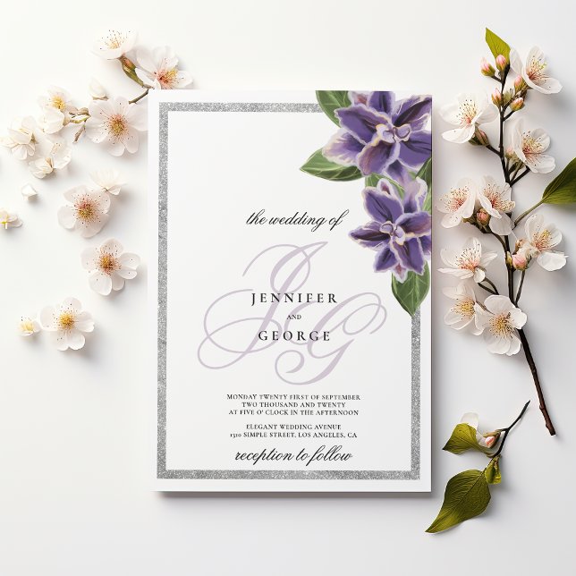 Chic silver glitter purple lavender orchid wedding invitation (Chic silver glitter purple lavender orchid)