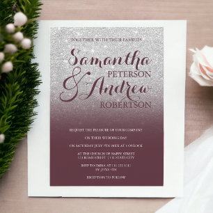 Chic silver glitter red burgundy wedding invitation