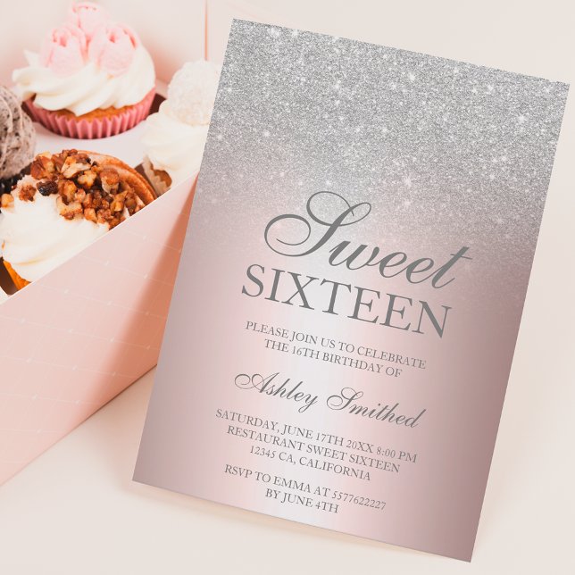 Chic silver glitter rose metallic foil Sweet 16 Invitation (Creator Uploaded)