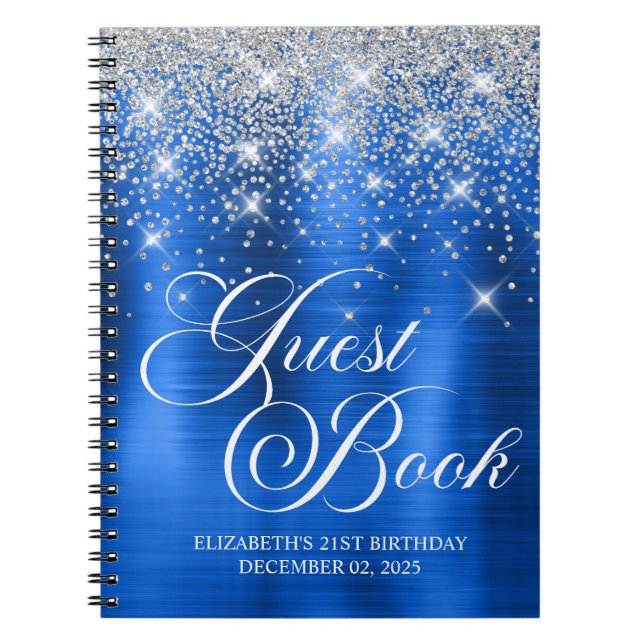 Chic Silver Glitter Royal Blue 21st Bday Guestbook Notebook (Front)