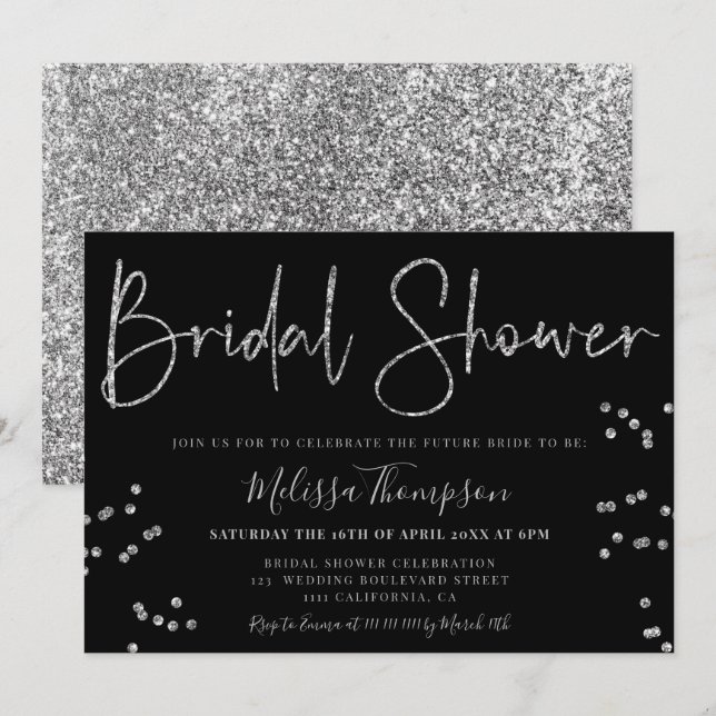 Chic silver glitter script black bridal shower invitation (Front/Back)