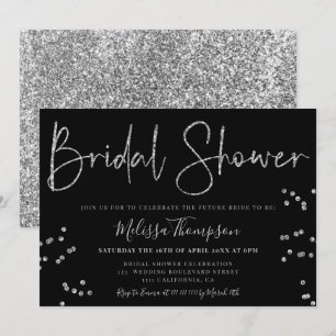 Chic silver glitter script black bridal shower invitation