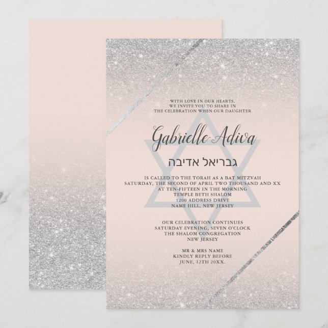 Chic silver glitter script blush pink Bat Mitzvah Invitation (Front/Back)