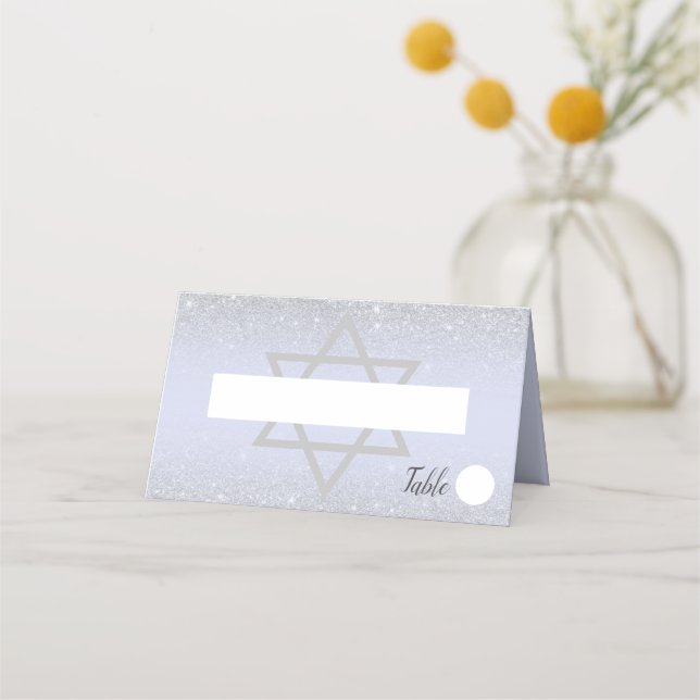 Chic silver glitter script lavender Bat Mitzvah Place Card (Front)