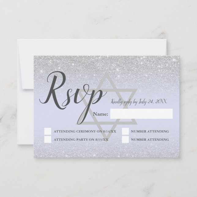 Chic silver glitter script lavender Bat Mitzvah RSVP Card (Front)