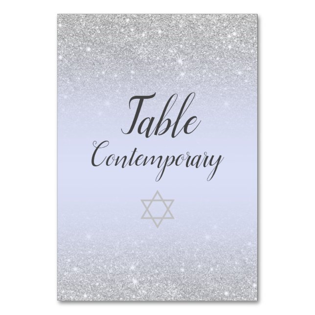 Chic silver glitter script lavender Bat Mitzvah Table Number (Front)